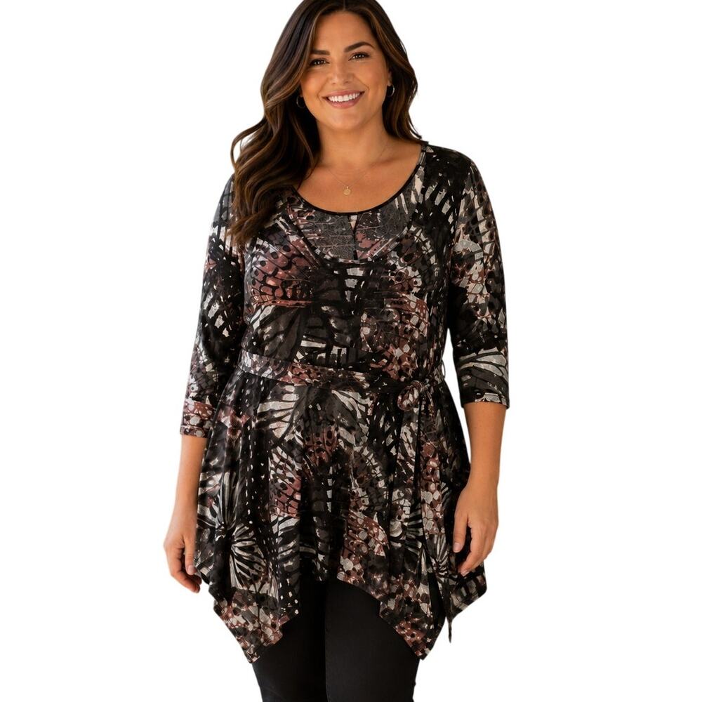 Avenue NEW Butterfly Tunic Womens Size 20 Black Pink Asymmetrical Flowy Top NWT